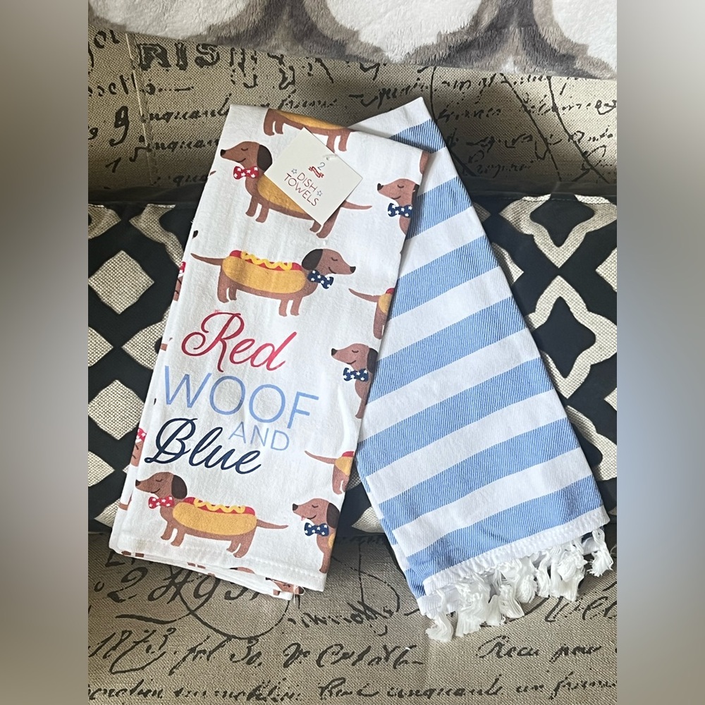 New Dachshund Red Woof and Blue Dish Towels July 4th